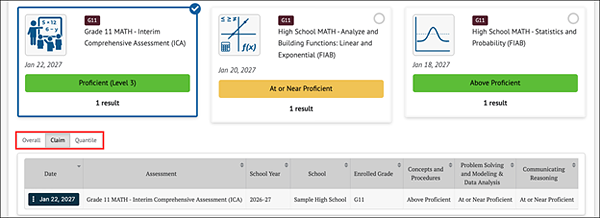 table toggle for a math ICA assessment.