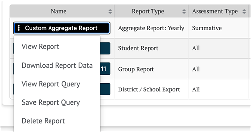 Custom Aggregate Report Context Menu dropdown.