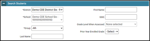 Advanced Search Students options on the Plan and Manage Testing screen.