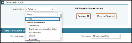 Advanced Search options in the Search Students section, including a list of student demographic characteristics that can be selected as criteria, of the Plan and Manage Testing screen.