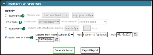 Get Specific options on the Plan and Manage Testing screen.