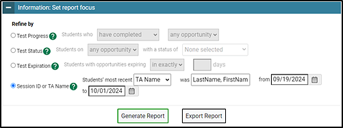 Information on the Plan and Manage Testing screen with the Session ID or TA Name selected.