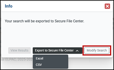 Secure File Center box with the Export to Secure File Center drop-down list showing Excel and CSV options.