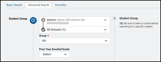 Student Group section with selection lists for the district, school, group, and prior-year enrolled grade.