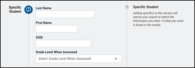Specific Student section with fields for the student's last and first names and SSID, and a drop-down list to select a grade level when tested.
