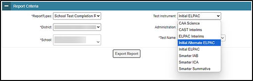 An online report with the 'Report Criteria' parameter open and the Initial Alternate ELPAC criteria selected from the Test Instrument drop-down list.