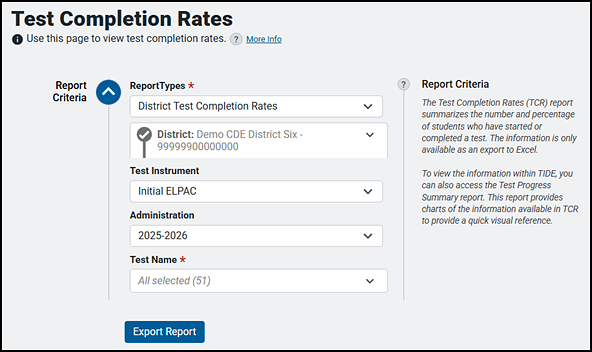 Test Completion Rates screen showing drop-down lists for Report Types, District, test instrument, administration, and test name.