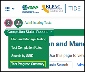 Completion Status Reports drop-down list with the Test Progress Summary option indicated.