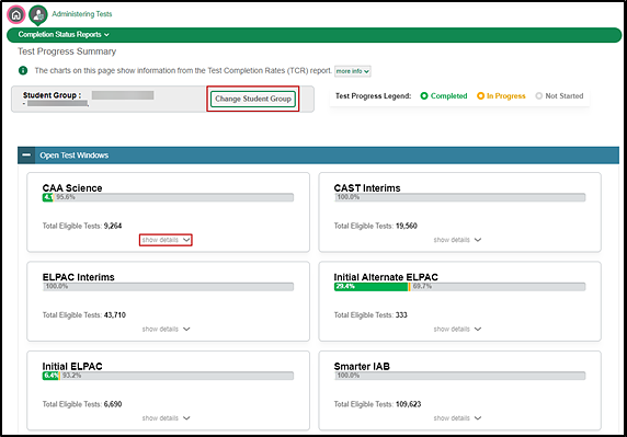 Test Progress Summary showing assessments available for administration and the Change Student Group button and show details link indicated.