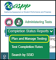 Completion Status Reports drop-down list with the Plan and Manage Testing option indicated