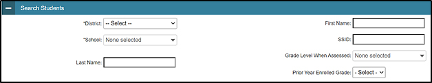 Search Students options on the Plan and Manage Testing screen