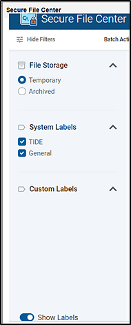 View panel in the Secure File Center that has sections for File Storage, System Labels, and Custom Labels, as well as a toggle to Show Labels.