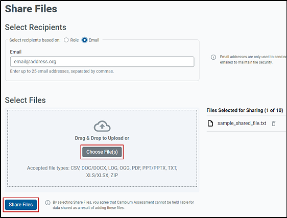 Share Files tab for an email recipient with the Choose File(s) and Share Files buttons indicated.