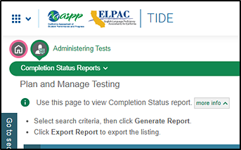 Menu bar that shows the instructions to view a Completion Status report that appear when the more info button has been selected.