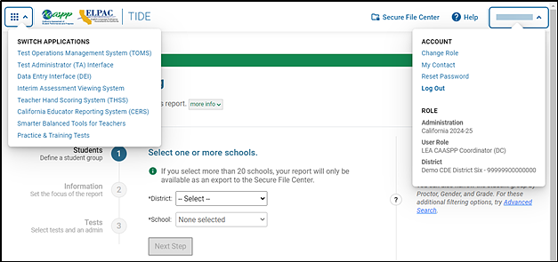 Header section that shows the Switch Applications drop-down list, Secure File Center link, Help button, and the Name drop-down list.