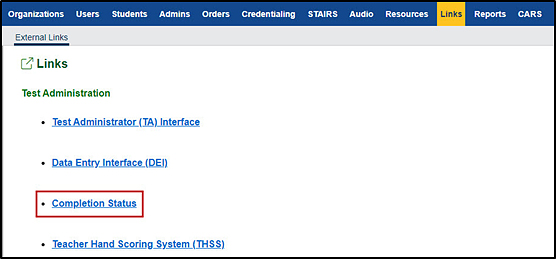 Links screen in TOMS with the Completion Status link indicated.