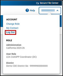 Name drop-down list with the Log Out option indicated.