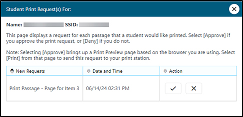 Student Print Request window with one item in the queue.