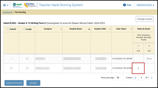 Test Scoring screen with a score in the Items to Score columns indicated.