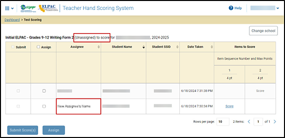 The Reassigned Scorer's table on the Test Scoring screen with the Unassigned designation and the new assignee's name indicated.