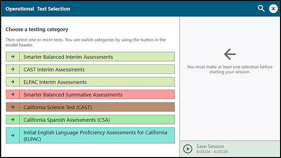 Operational Test Selection screen.