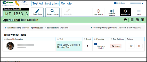 Operational Test Session screen with 'Student Information,' 'Test,' 'Opp #,' 'Progress,' 'Test Settings,' and 'Actions' columns.