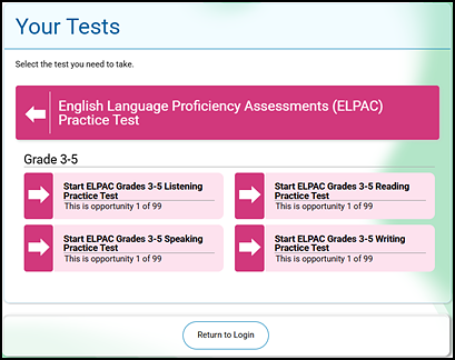Your Tests screen from which a student selects a test showing practice tests for the grade span three through five Listening, Speaking, Reading, and Writing domains.