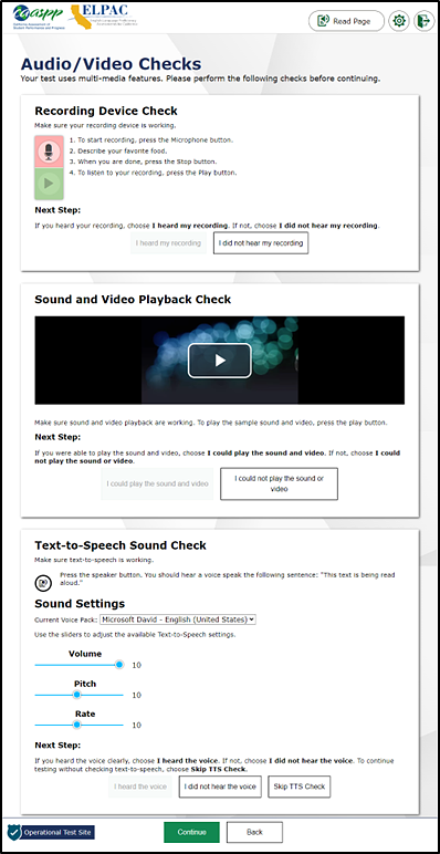 Audio/Video Checks screen with Recording Device Check, Sound and Video Playback Check, and Text-to-Speech Sound Check.