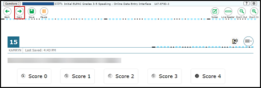 Data Entry Interface screen showing the last item to be scored with the Next button indicated.