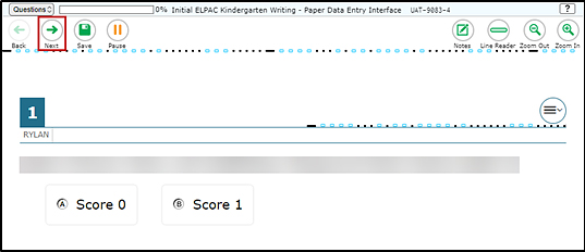 Data Entry Interface screen for paper data entry showing the first item to be scored with the Next button indicated.