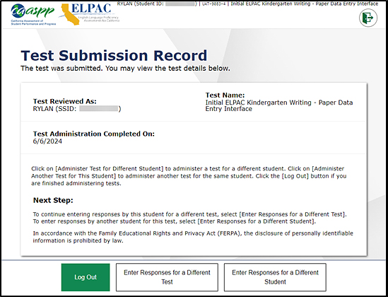 Test Submission Record screen with three buttons at the bottom: Log Out, Enter Responses for a Different Test, and Enter Responses for a Different Student.