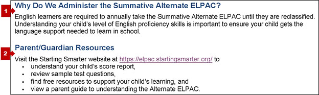 Bottom of the first page of the Alternate ELPAC SSR with callouts pointing to additional information about the Alternate ELPAC and a URL for the Starting Smarter website