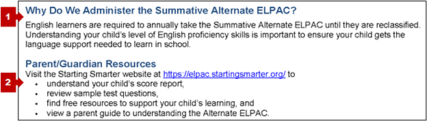Bottom of the first page of the Summative Alternate ELPAC SSR with callouts pointing to additional information about the Summative Alternate ELPAC and a URL for the Starting Smarter website