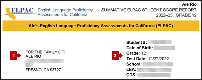 Top of the first page of the Summative ELPAC SSR that shows student information with callouts pointing to the student's name and address and the student's information