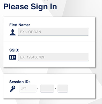 Student Sign In web form, which includes fields for the student's first name, SSID, and the test session ID