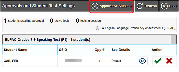 Approvals and Student Test Settings screen with Approve All Students button called out
