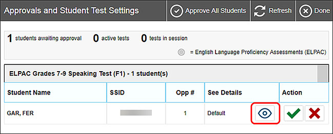 Approvals and Student Test Settings screen with Details icon called out