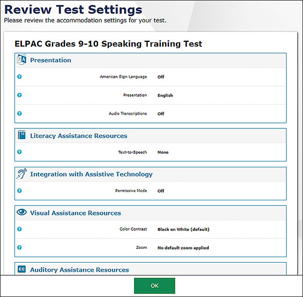 Review Test Settings screen