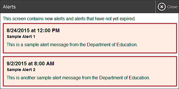 Record of sample alerts from the California Department of Education