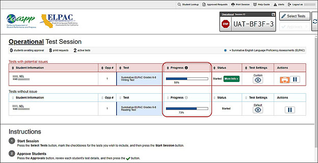 Test Administrator Interface layout with students in session with the Progress column indicated