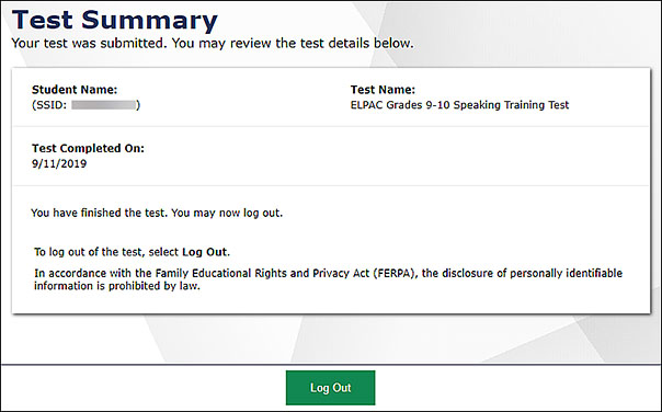 Test Summary page that reads, 'Your test was submitted. You may review the test details below.'