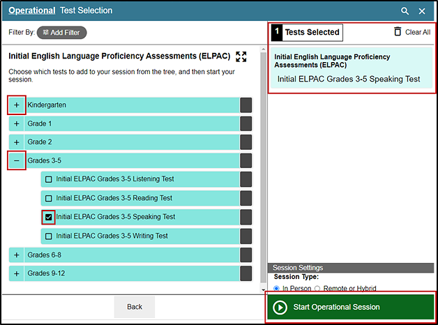 Operational Test Selection screen with the list of available items expanded with the plus-sign icon, minus-sign icon, marked checkbox, Tests Selected section, and Start Operational Session indicated