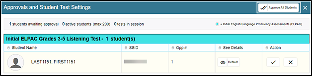 Approvals and Student Test Settings screen with Approve All Students button called out
