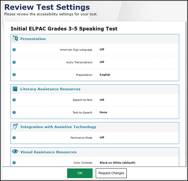 Review Test Settings screen.