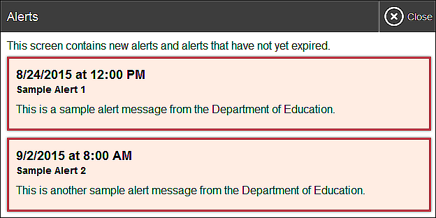 Record of sample alerts from the California Department of Education.