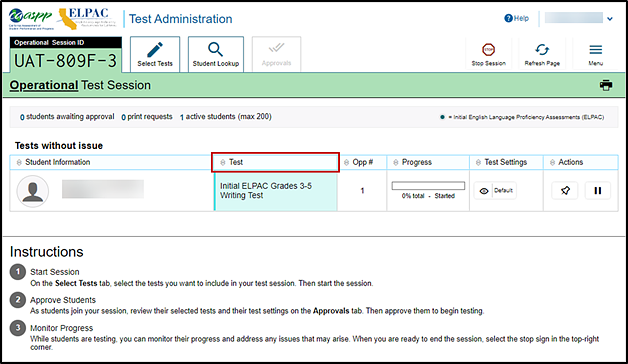 Test Administrator Interface layout with students in session with the Progress column indicated.