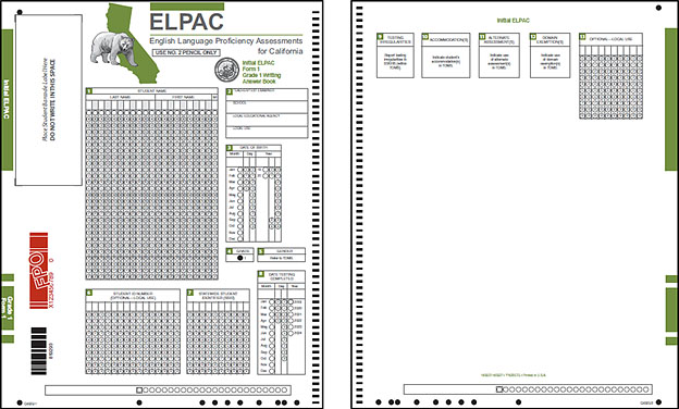Front and back cover of the Initial ELPAC Answer Book for grade one