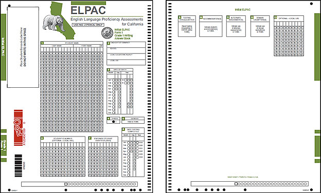 Front and back cover of the Initial ELPAC Answer Book for grade one