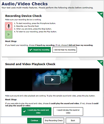 Audio/Video Checks screen in the web-based Student Testing Interface