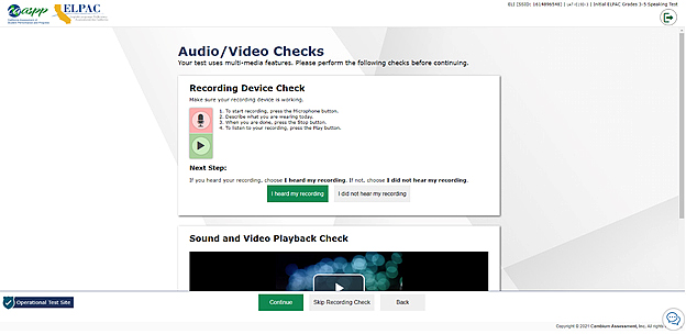 Audio/Video Checks screen in the web-based Student Testing Interface